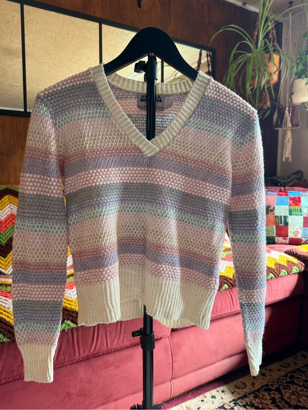 Vintage 80s Amana Woolen Mill Pastel V Neck Sweater XS S
